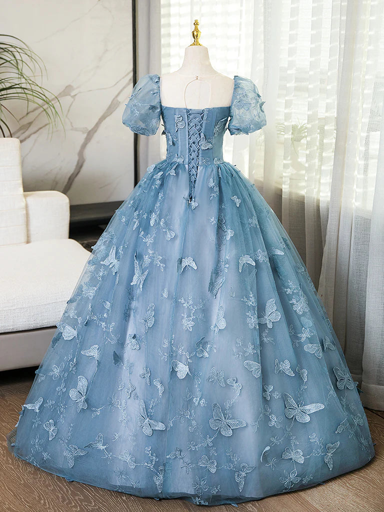 Ball Gown Gray Blue Butterfly Quince Dresses Puff Short Sleeves