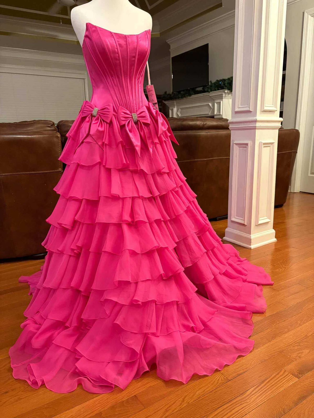 Customize Hot Pink Corset Prom Dresses Strapless Ruffled Waist Bows