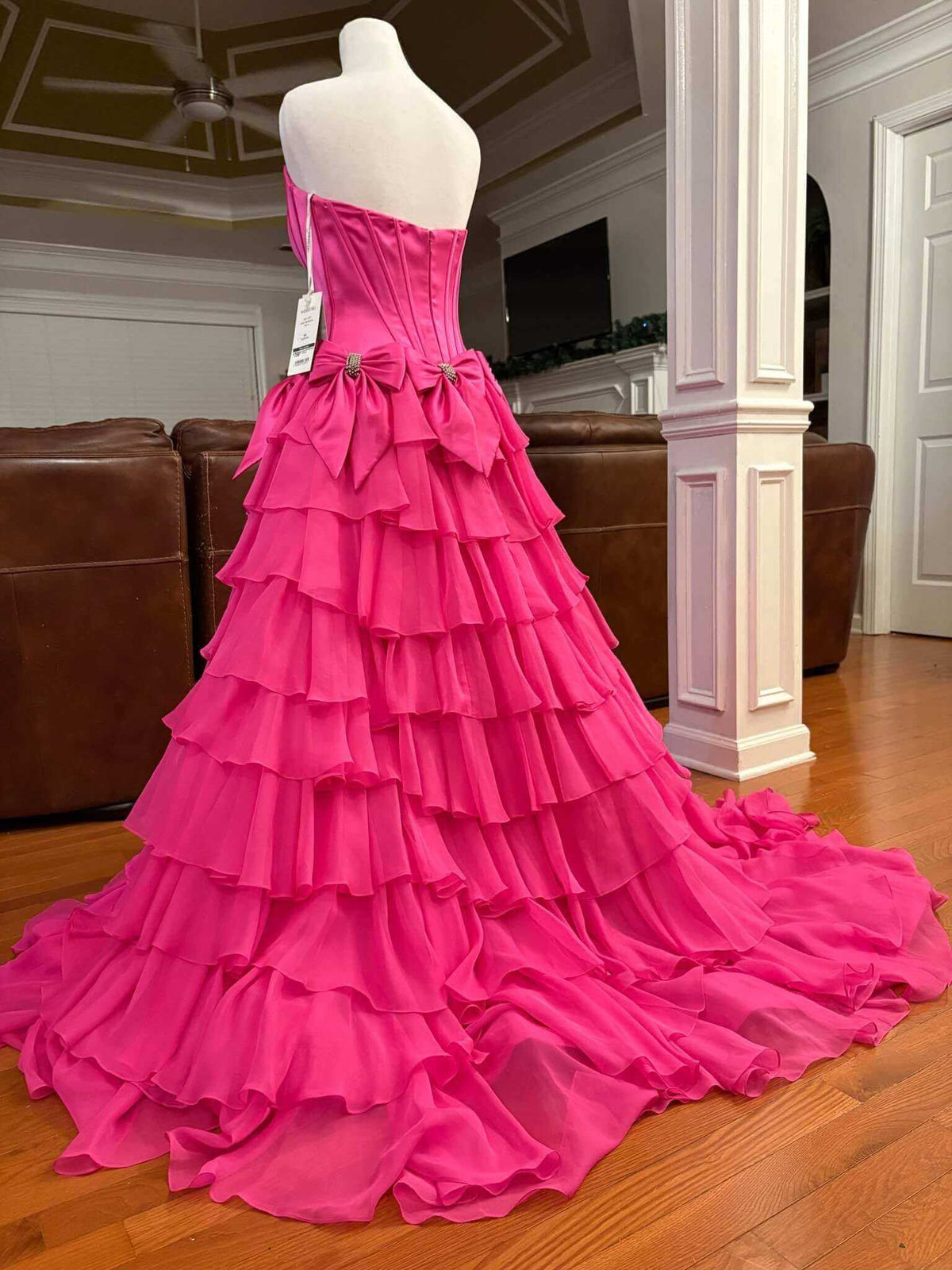 Customize Hot Pink Corset Prom Dresses Strapless Ruffled Waist Bows