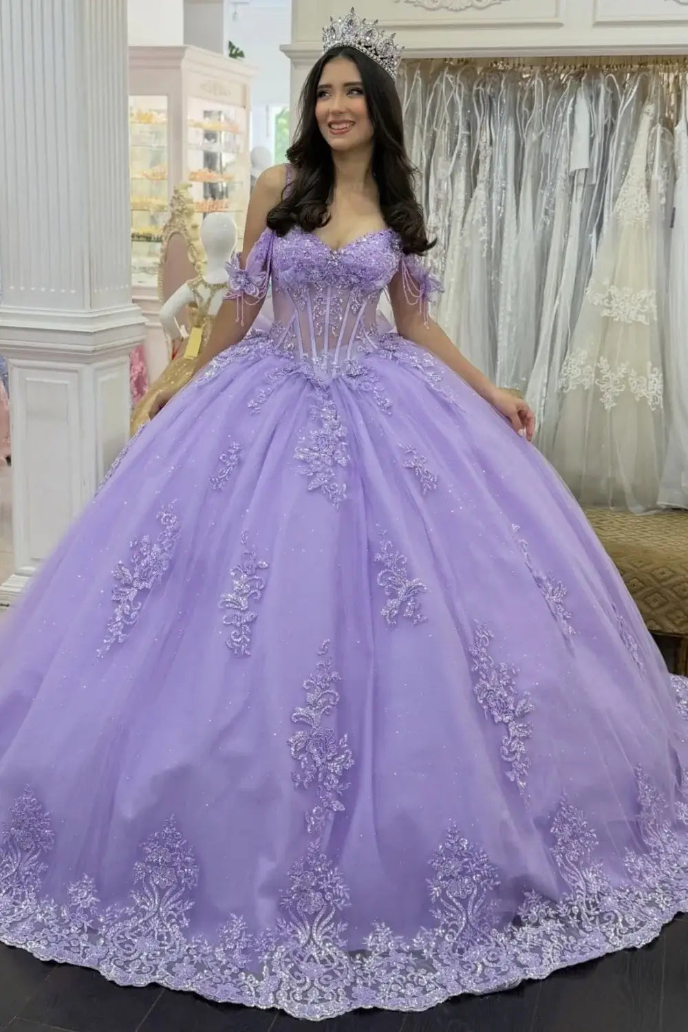 Ball Gown Lavender Floral Quinceanera Dresses Corset Crystals Off-the-shoulder