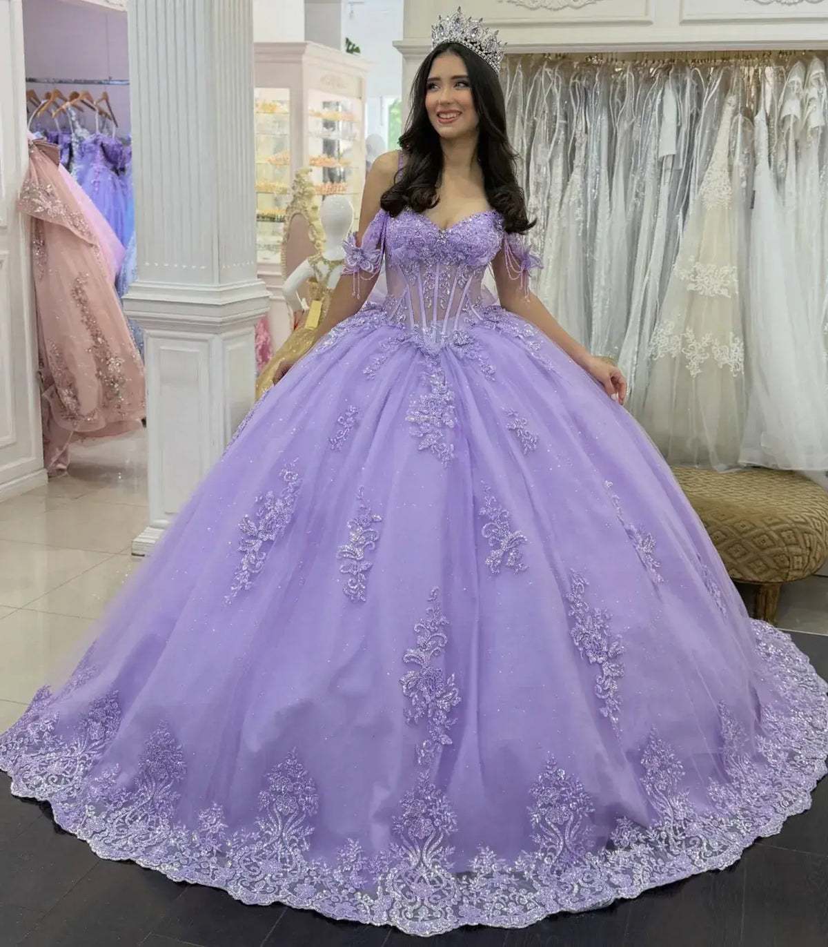 Ball Gown Lavender Floral Quinceanera Dresses Corset Crystals Off-the-shoulder