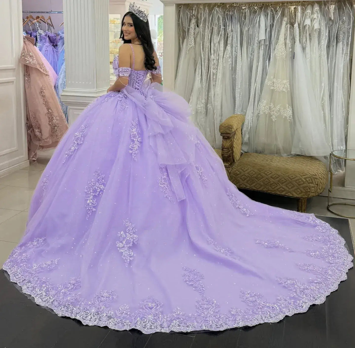 Ball Gown Lavender Floral Quinceanera Dresses Corset Crystals Off-the-shoulder
