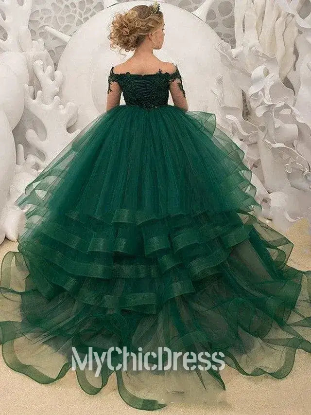 Pretty Long Sleeve Green Flower Girl Dress Ball Gown Tulle Lace with Ruffles