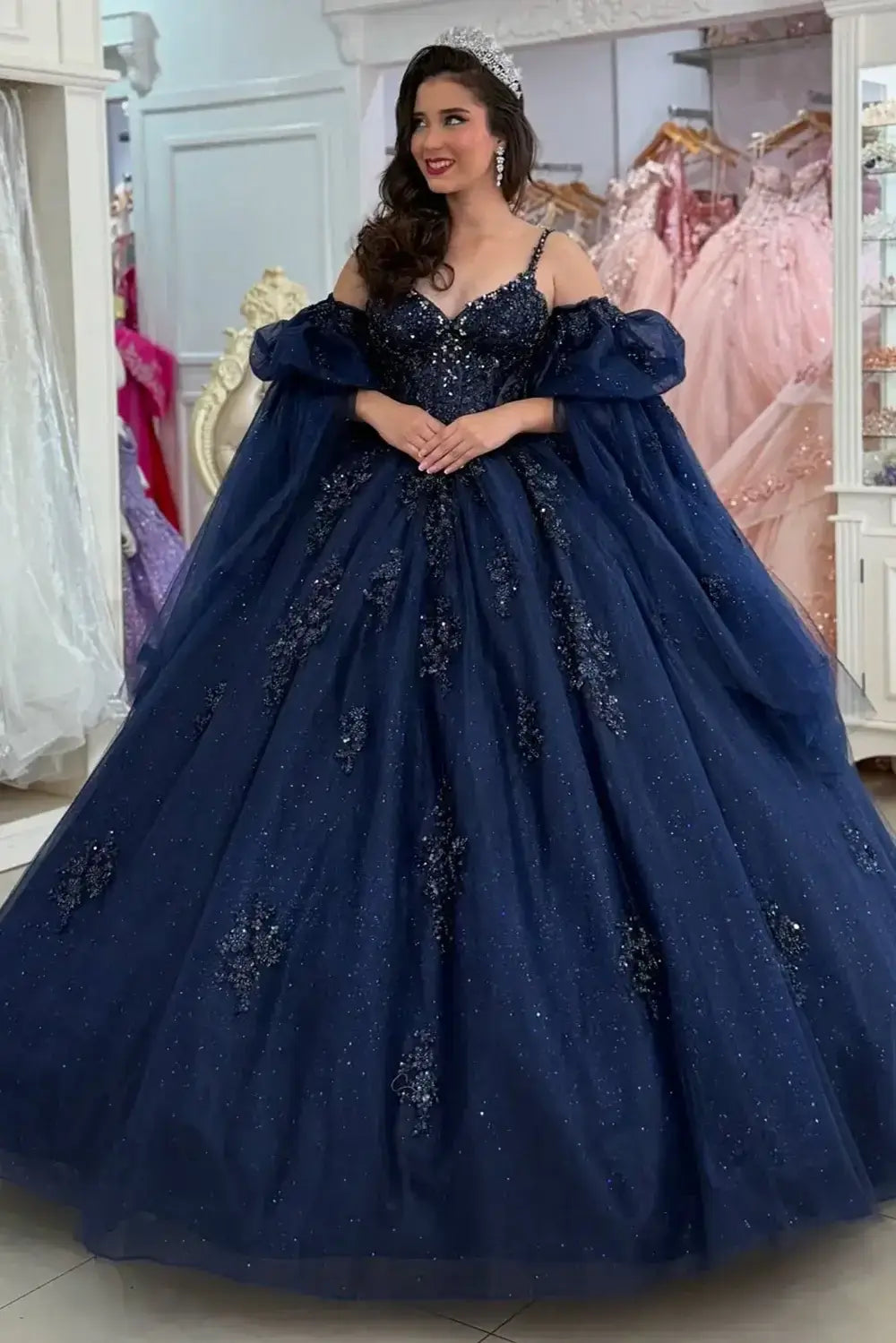 Ball Gown Navy Blue Quince Dresses V Neck Beaded Appliqued Sweet 16