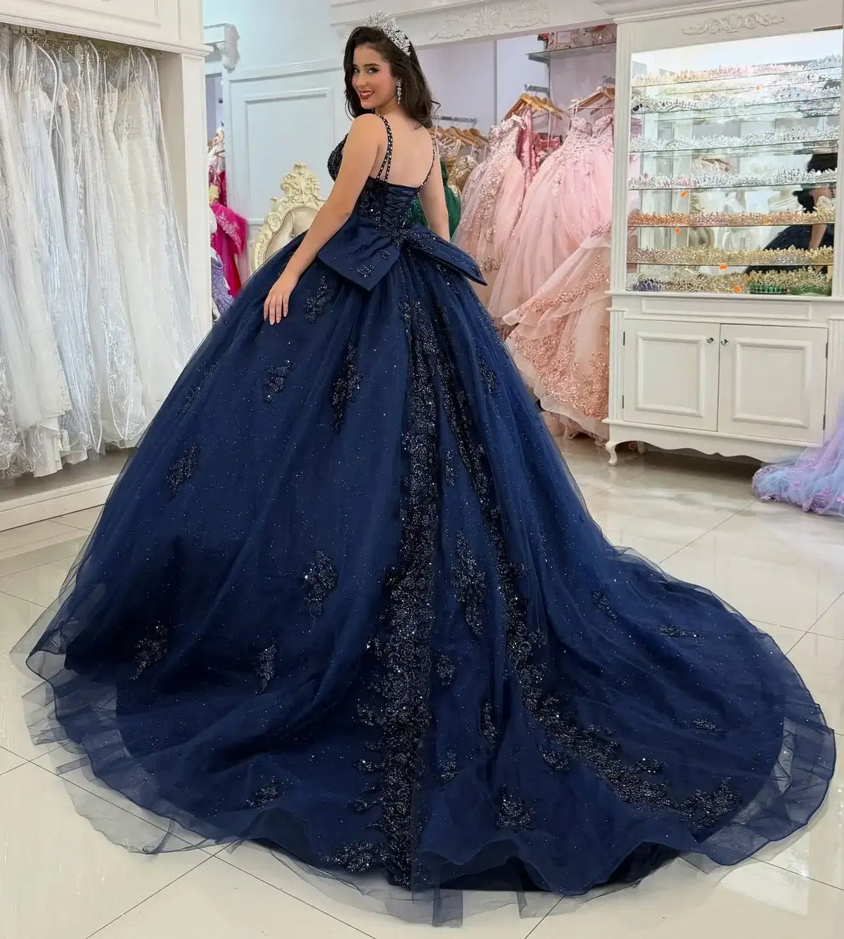 Ball Gown Navy Blue Quince Dresses V Neck Beaded Appliqued Sweet 16