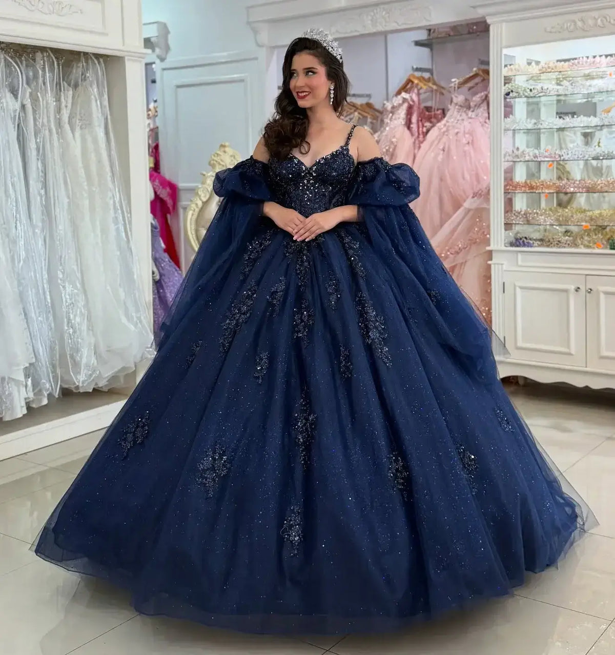 Ball Gown Navy Blue Quince Dresses V Neck Beaded Appliqued Sweet 16