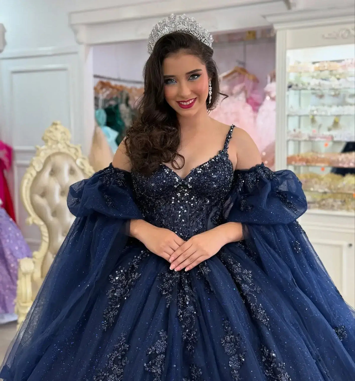 Ball Gown Navy Blue Quince Dresses V Neck Beaded Appliqued Sweet 16