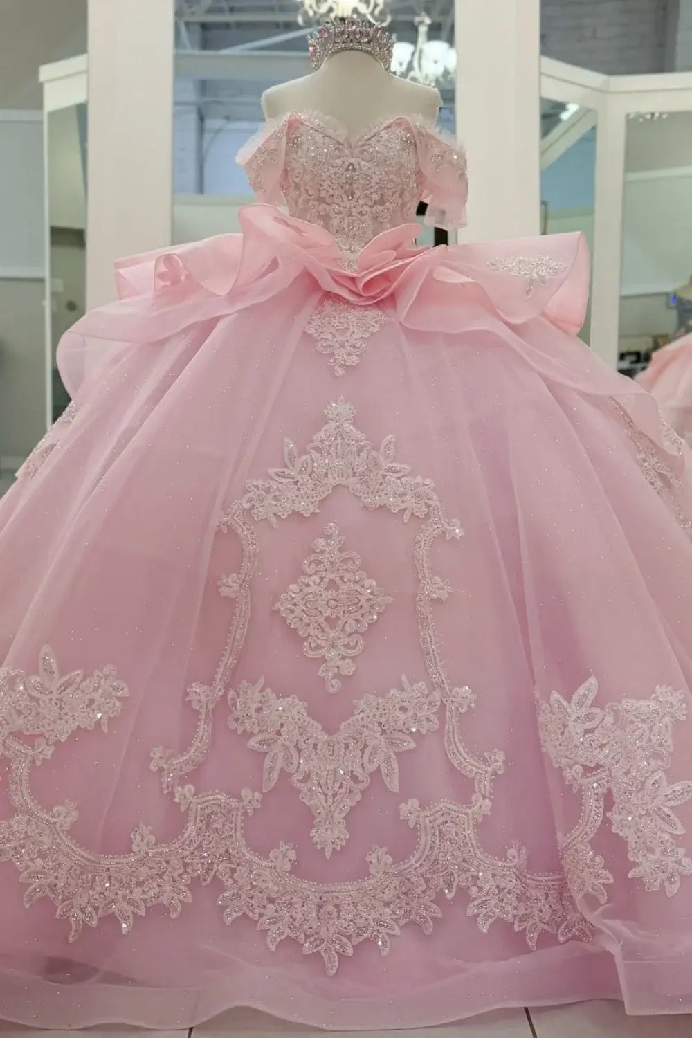 Ball Gown Off Shoulder Lace Pink Dresses Quinceanera Sweet 15 Appliqued