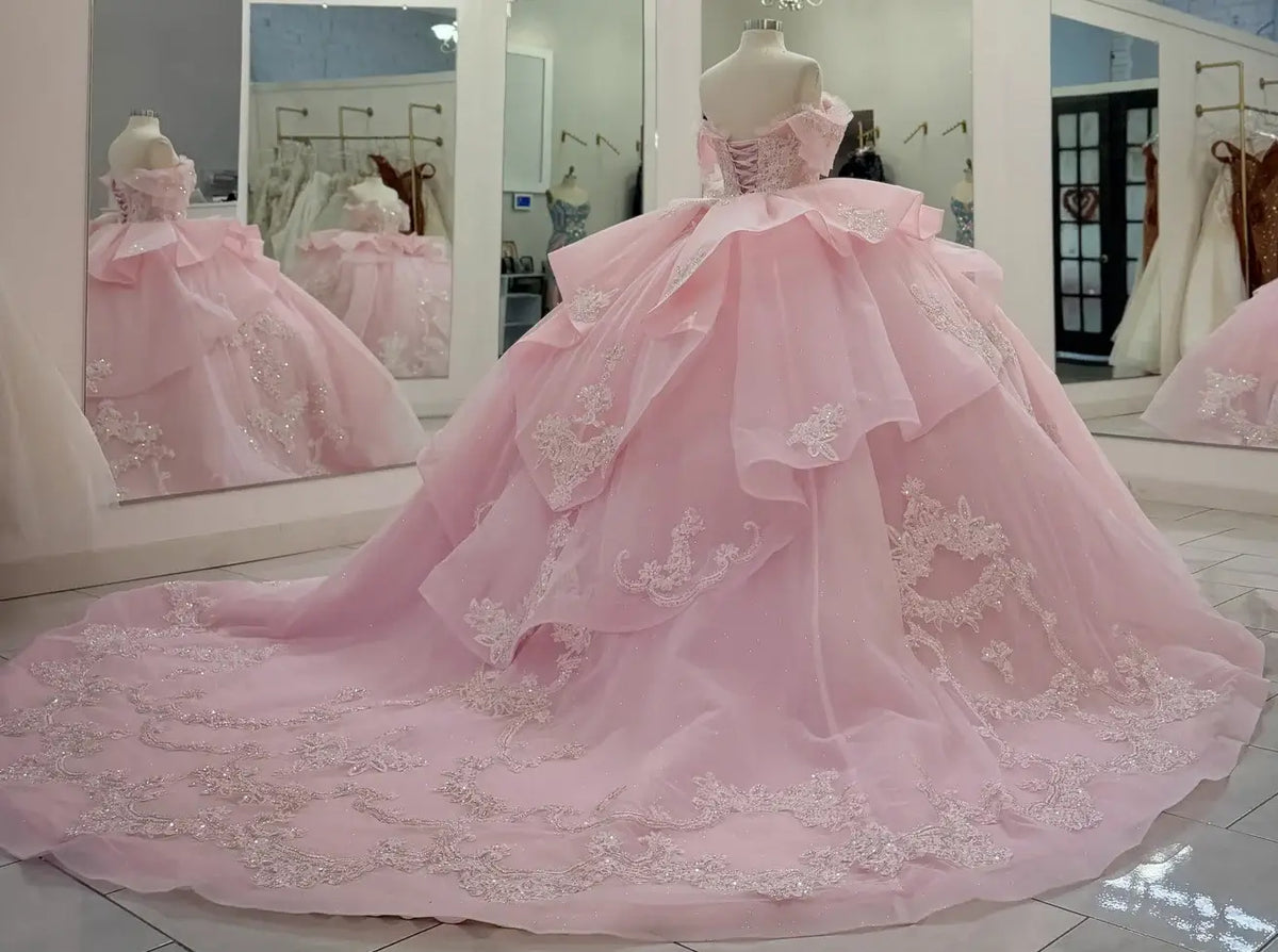Ball Gown Off Shoulder Lace Pink Dresses Quinceanera Sweet 15 Appliqued