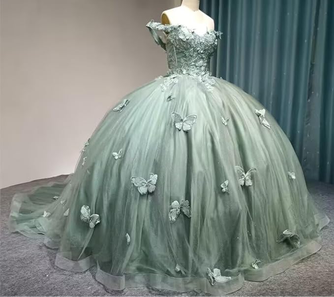Ball Gown Off Shoulder Quinceanera Dresses Green with 3D Butterfly