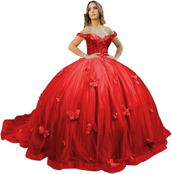 Ball Gown Off Shoulder Quinceanera Dresses red with 3D Butterfly