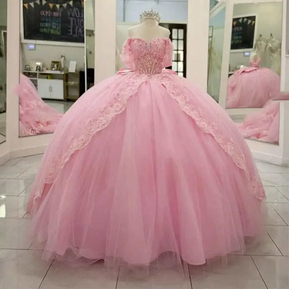 Ball Gown Pink Lace Quinceanera Dresses Near Me Off The Shoulder