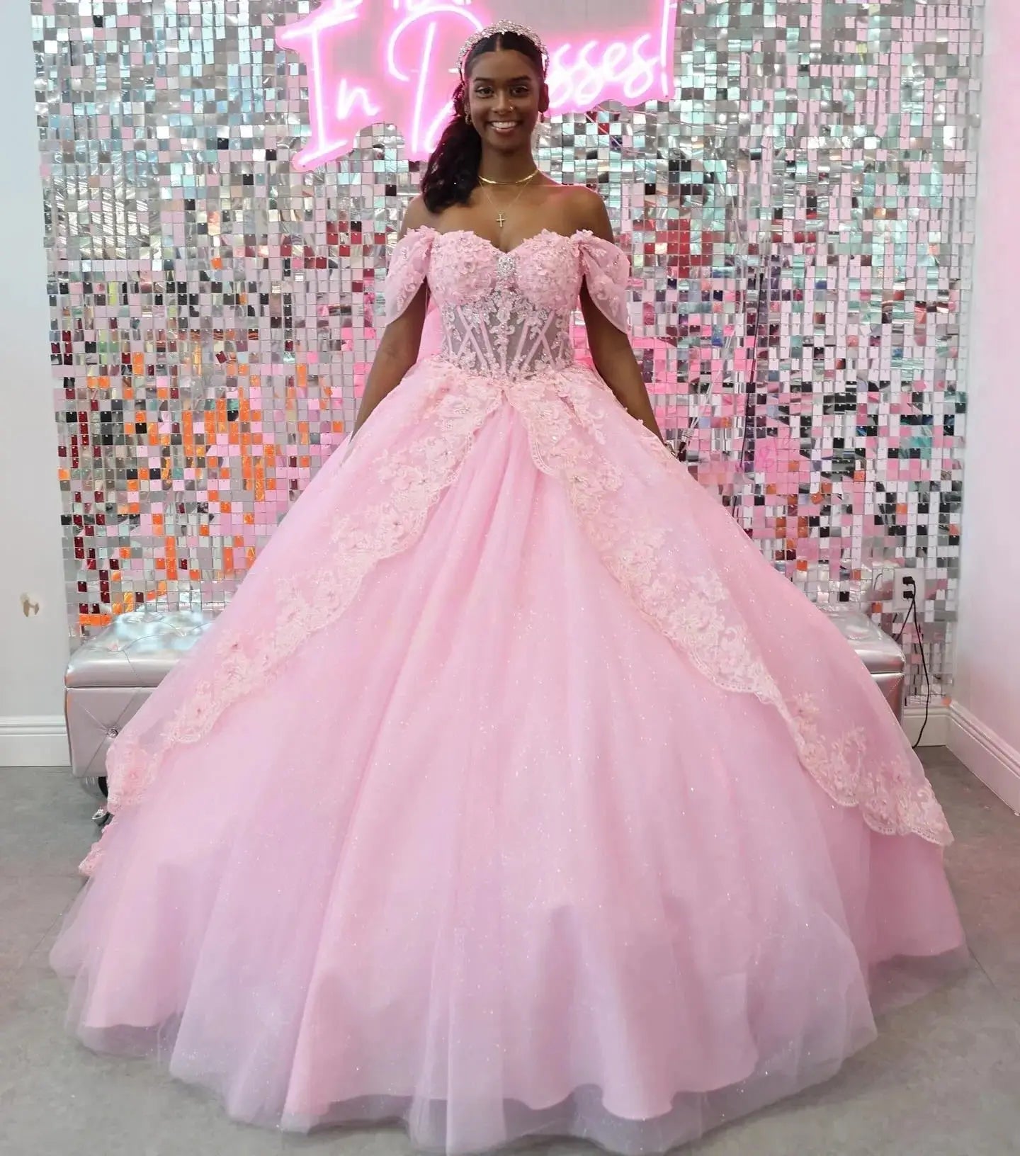 Ball Gown Pink Lace Quinceanera Dresses Near Me Off The Shoulder