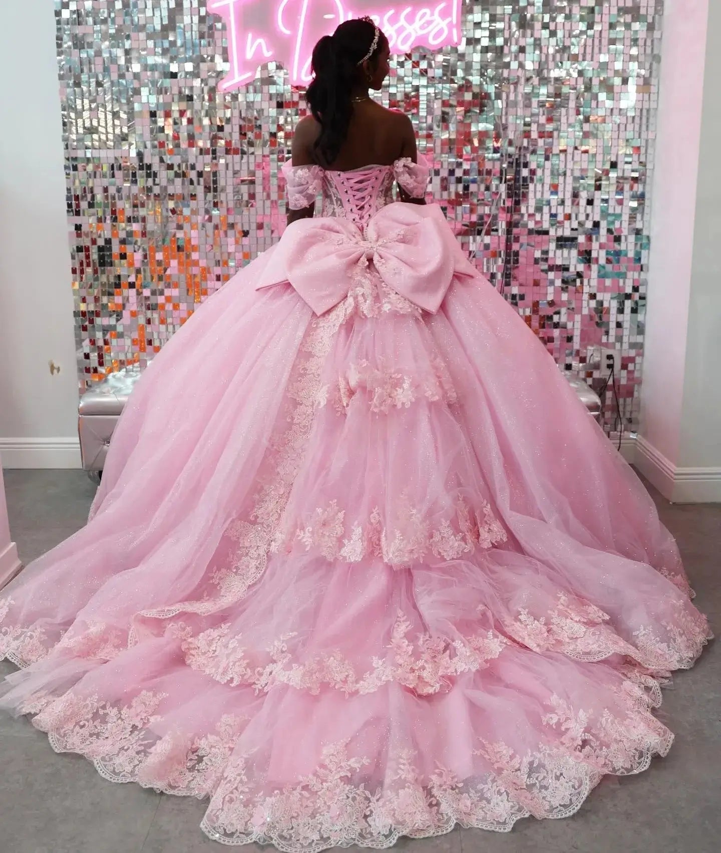 Ball Gown Pink Lace Quinceanera Dresses Near Me Off The Shoulder