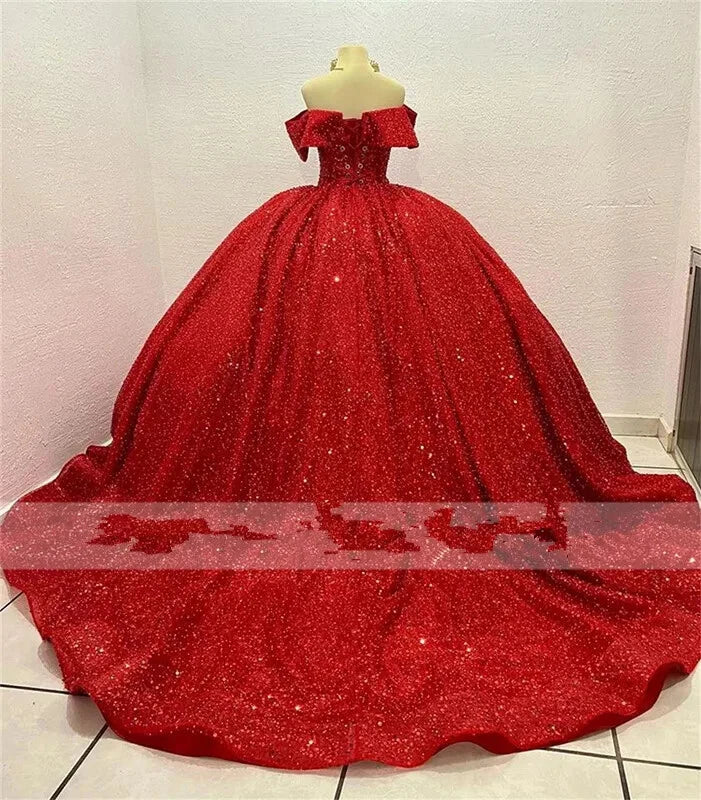 Ball Gown Princess Red Quinceanera Dresses Beaded Birthday Sweet 15 Dress