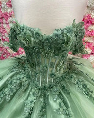 Ball Gown Princess Sage Green Quinceanera Dresses with Butterfly Flowers