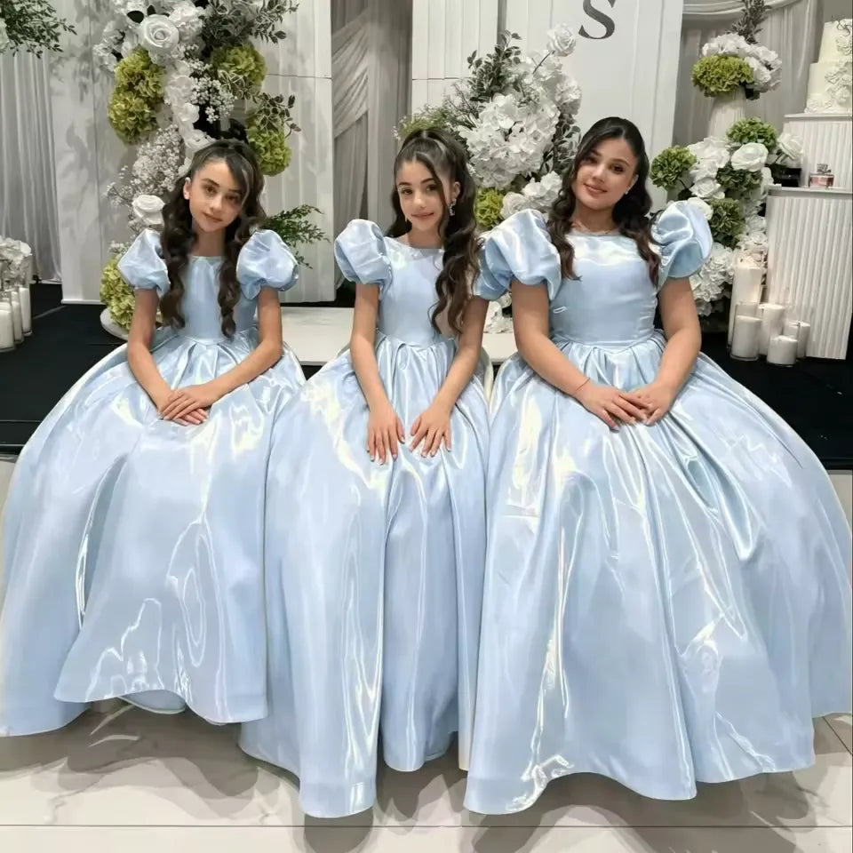 Ball Gown Puff Sleeve Flower Girl Dress for Wedding Kids Birthday First Communion