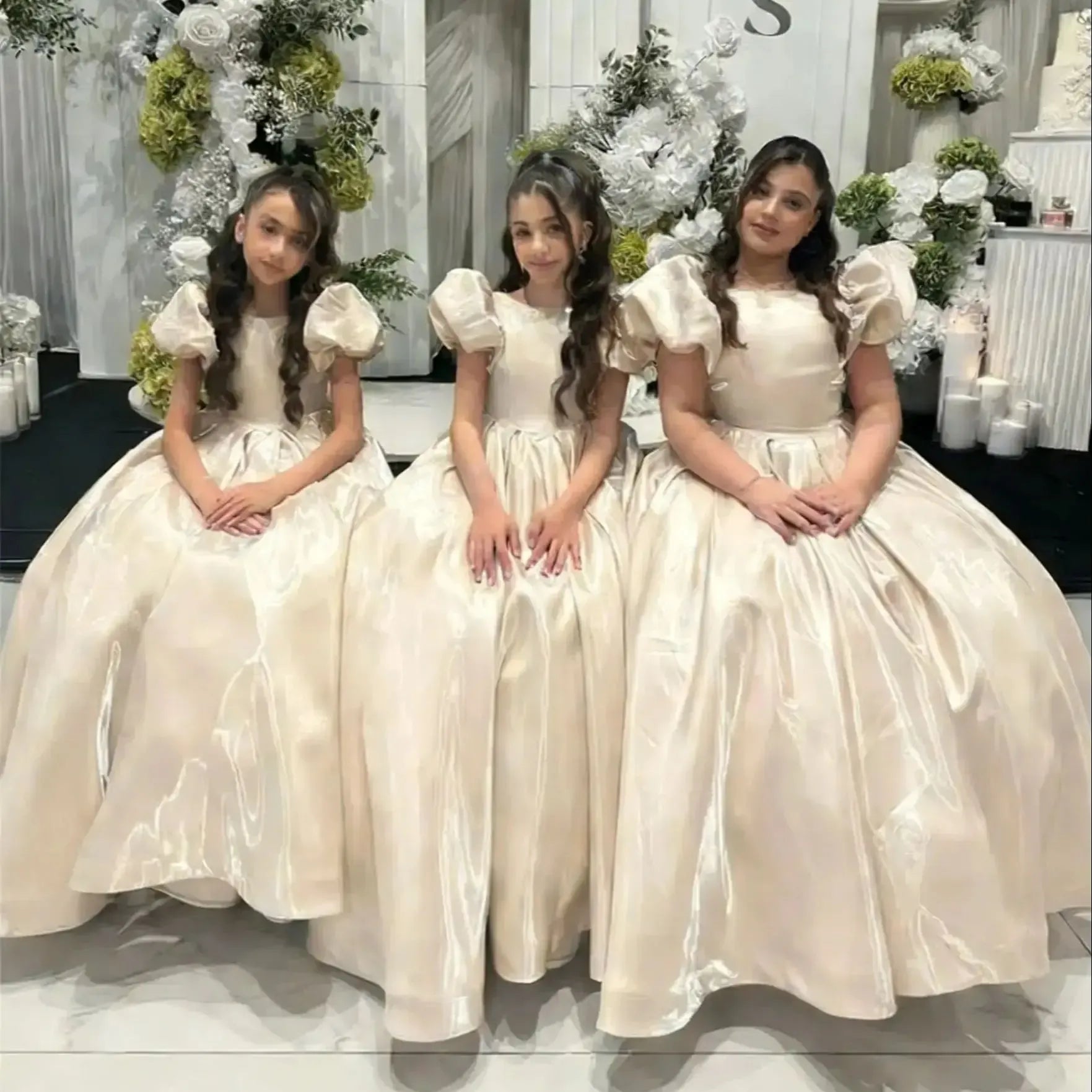Ball Gown Puff Sleeve Flower Girl Dress for Wedding Kids Birthday First Communion