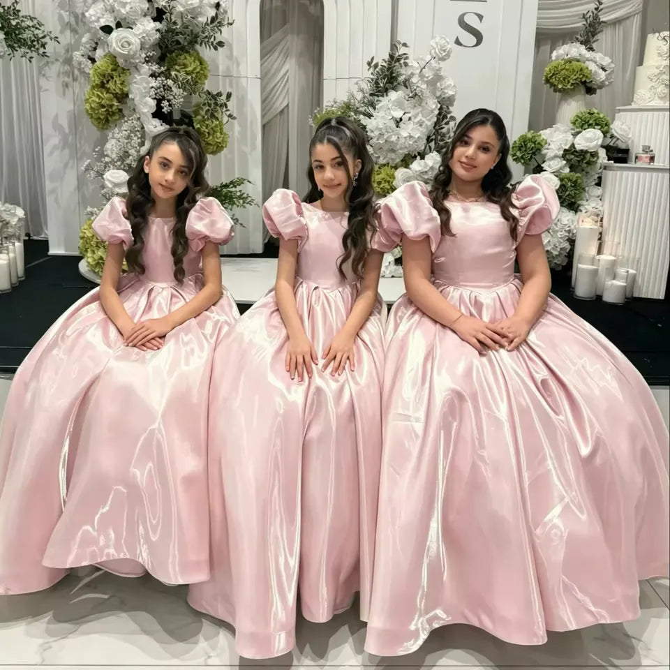 Ball Gown Puff Sleeve Flower Girl Dress for Wedding Kids Birthday First Communion