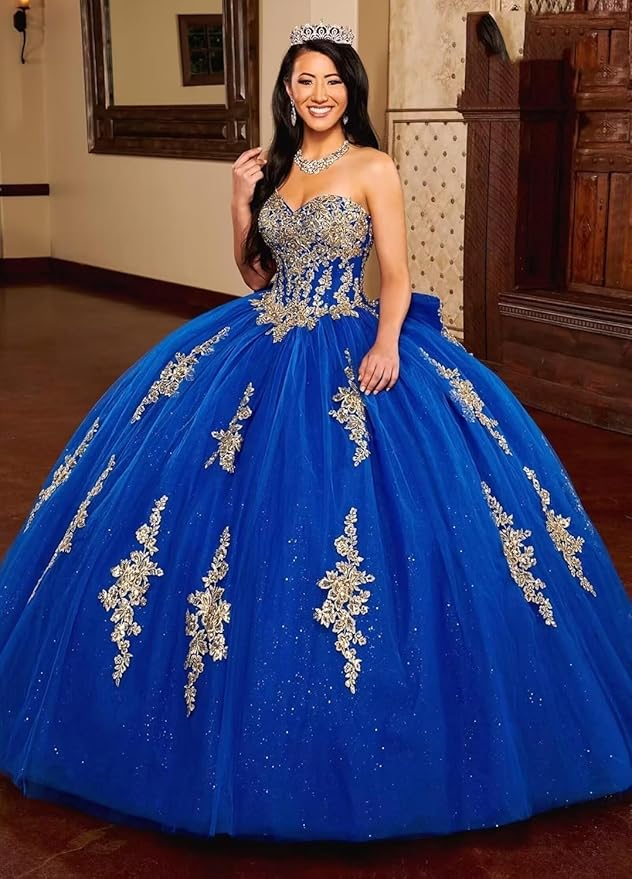 Ball Gown Puffy Blue Gold Lace Quinceanera Dresses with Bow Mychicdress