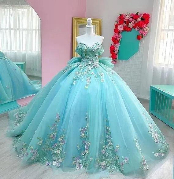 Ball Gown Puffy Flowers Quinceanera 16 Dresses Tulle Off Shoulder
