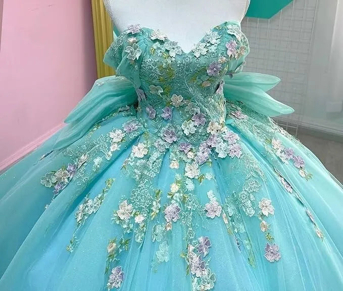 Ball Gown Puffy Flowers Quinceanera 16 Dresses Tulle Off Shoulder