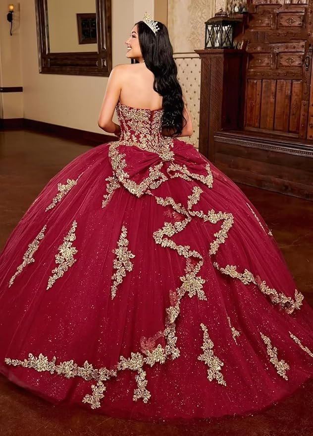 Ball Gown Puffy Red Gold Lace Quinceanera Dresses with Bow Mychicdress