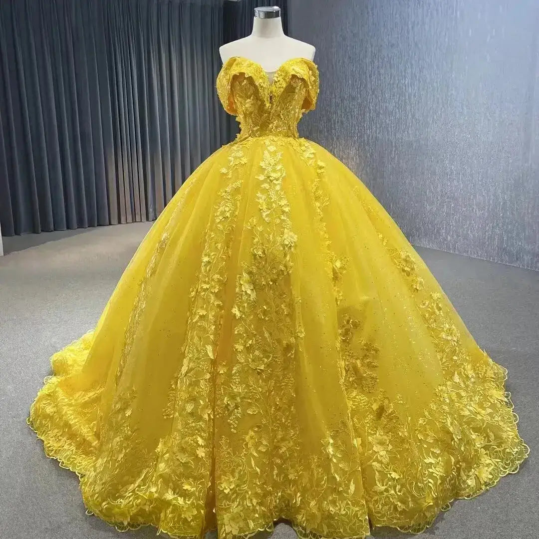 Ball Gown Puffy Yellow Sweet 16 Quinceanera Dresses Tulle Appliques