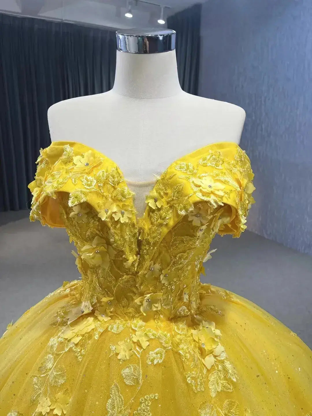Ball Gown Puffy Yellow Sweet 16 Quinceanera Dresses Tulle Appliques