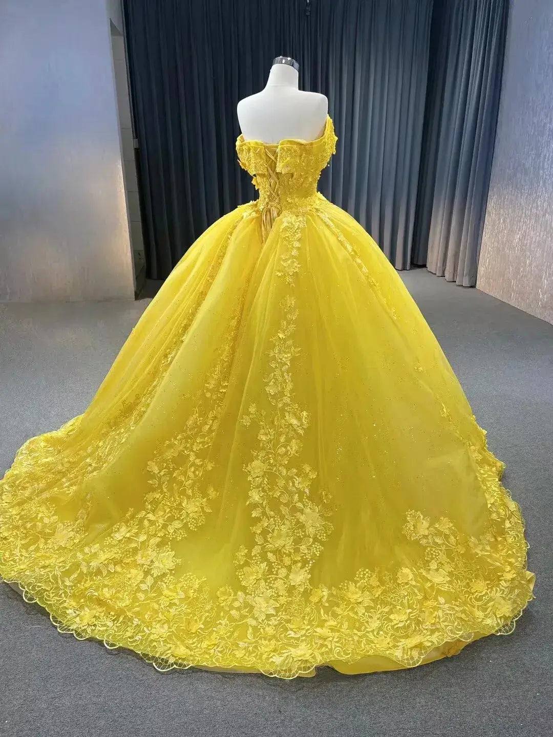 Ball Gown Puffy Yellow Sweet 16 Quinceanera Dresses Tulle Appliques