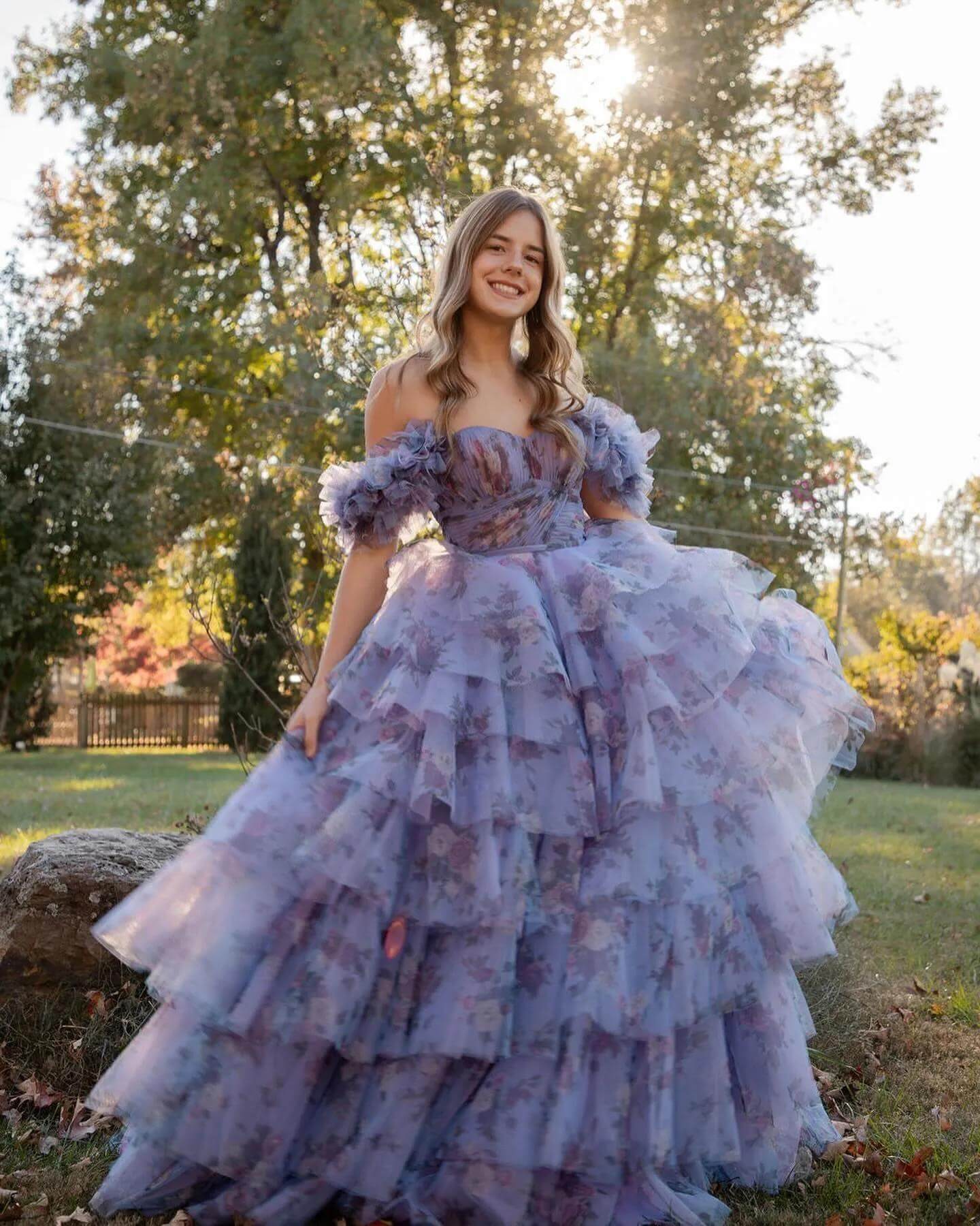 Ball Gown Floral Prom Dress with Ruffles Tiered Sweet 16 Dresses