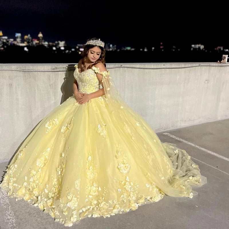 Ball Gown Quinceanera Dresses yellow With Cape 3D Flowers Tulle Sweetheart
