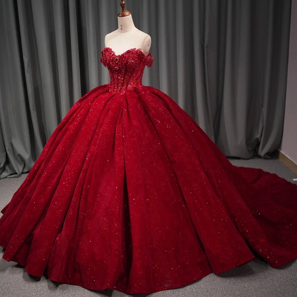 Hot Ball Gown Red Sweet 16 Quinceanera Dresses Off Shoulder Beaded
