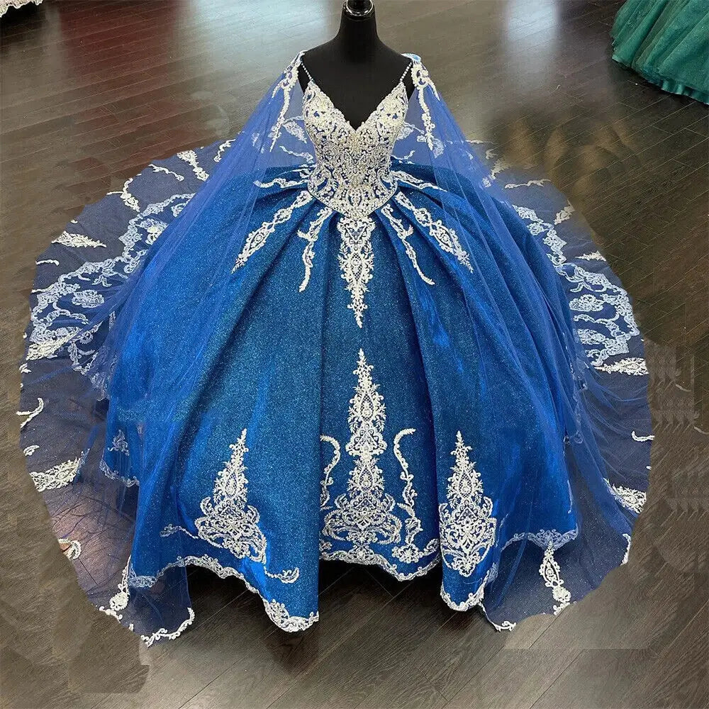 Ball Gown Royal Blue Quinceanera Dress Gold Lace Beaded with Cape