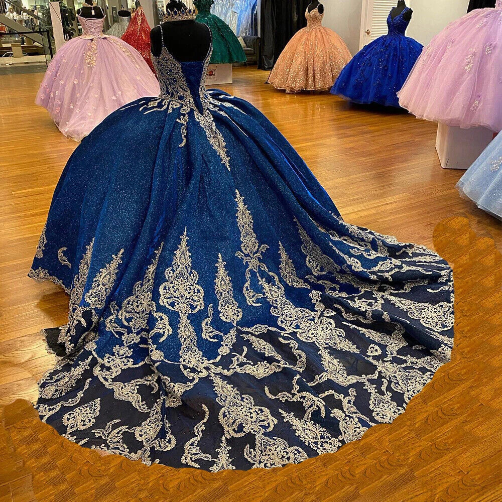 Ball Gown Royal Blue Quinceanera Dress Gold Lace Beaded with Cape