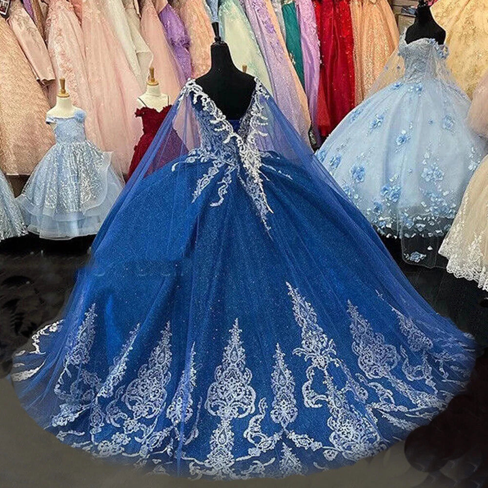 Ball Gown Royal Blue Quinceanera Dress Gold Lace Beaded with Cape