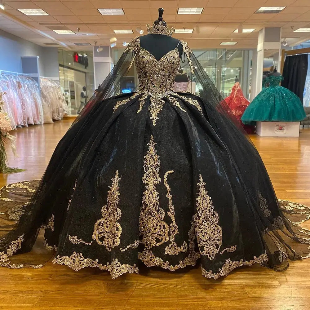 Ball Gown Royal Blue Quinceanera Dress Gold Lace Beaded with Cape