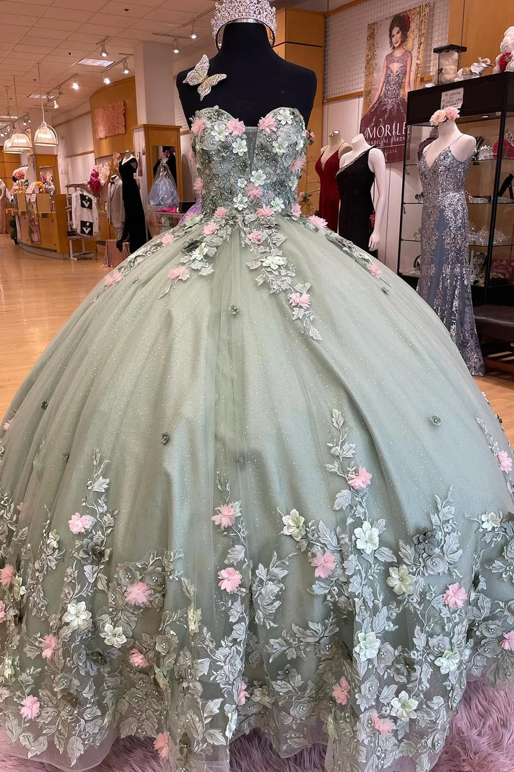 Ball Gown Sage Floral Quinceanera Dress Sweetheart with Pearls Appliques Mychicdress