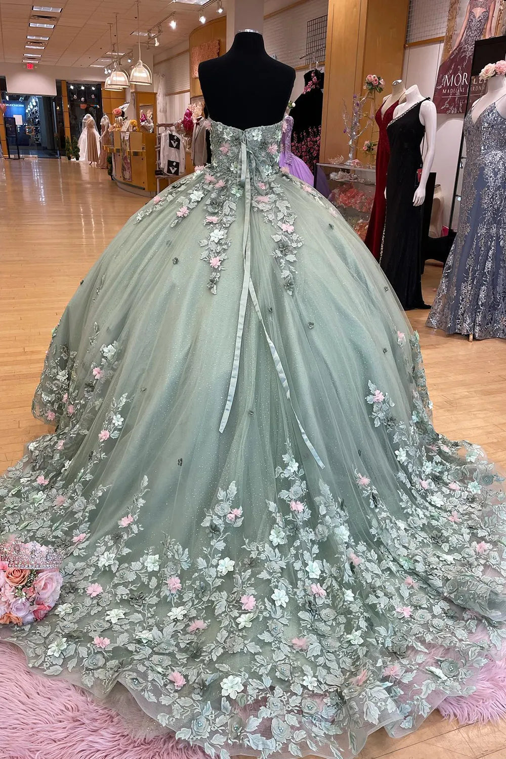 Ball Gown Sage Floral Quinceanera Dress Sweetheart with Pearls Appliques Mychicdress