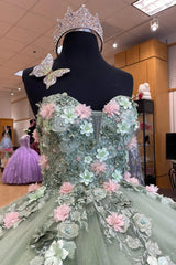 Ball Gown Mint Floral Quinceanera Dress Sweetheart with Pearls Appliques