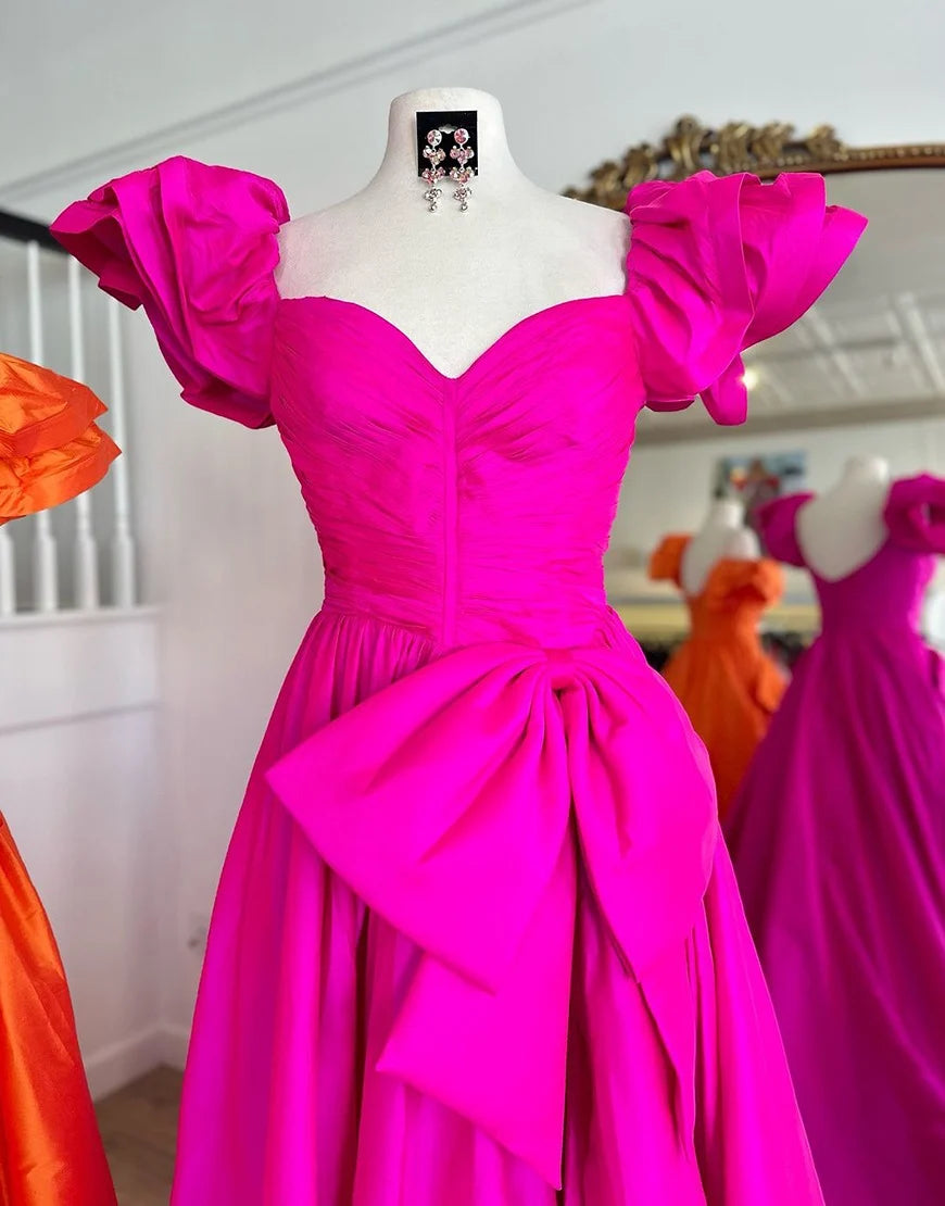 Ball Gown Satin Long Orange Prom Dresses Off-Sholulder with Ruffled Sleeves