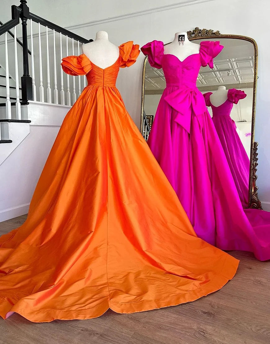 Ball Gown Satin Long Orange Prom Dresses Off-Sholulder with Ruffled Sleeves