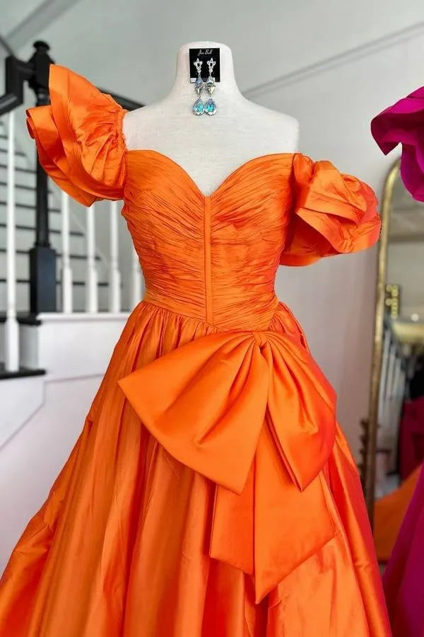 Ball Gown Satin Long Orange Prom Dresses Off-Sholulder with Ruffled Sleeves