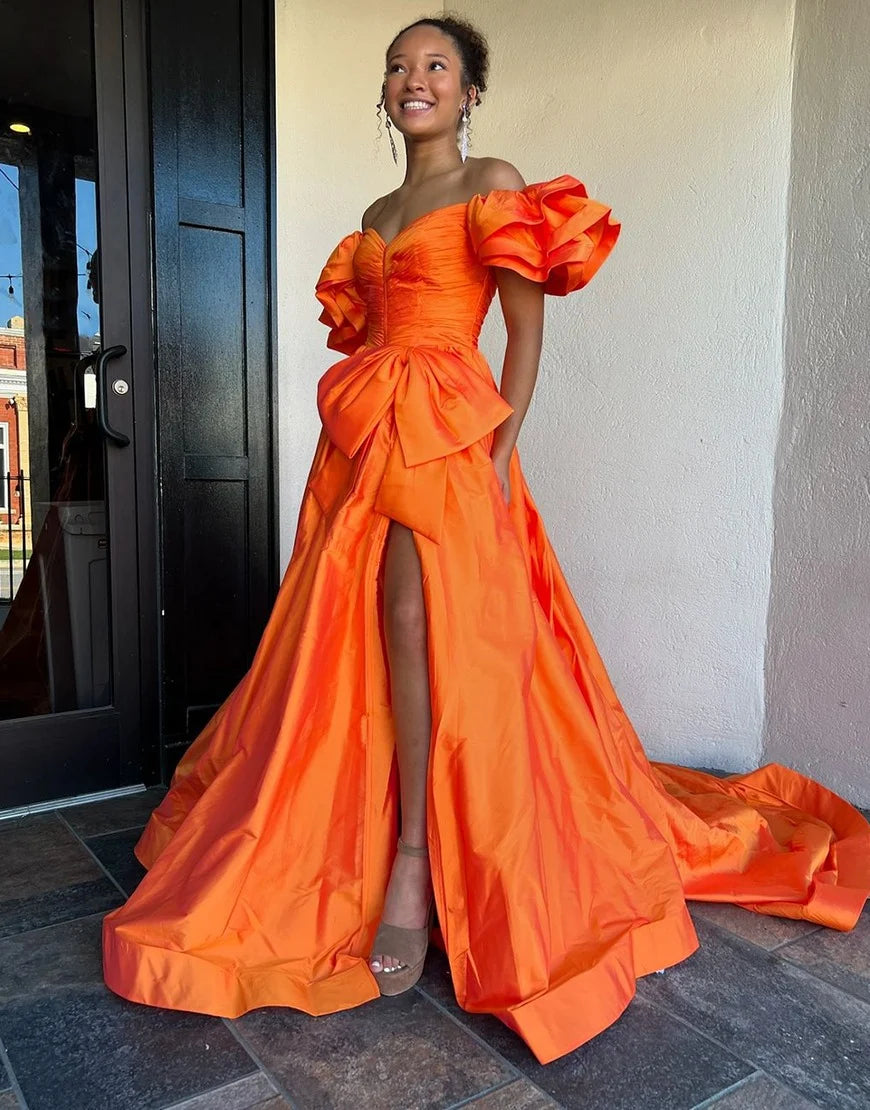 Ball Gown Satin Long Orange Prom Dresses Off-Sholulder with Ruffled Sleeves