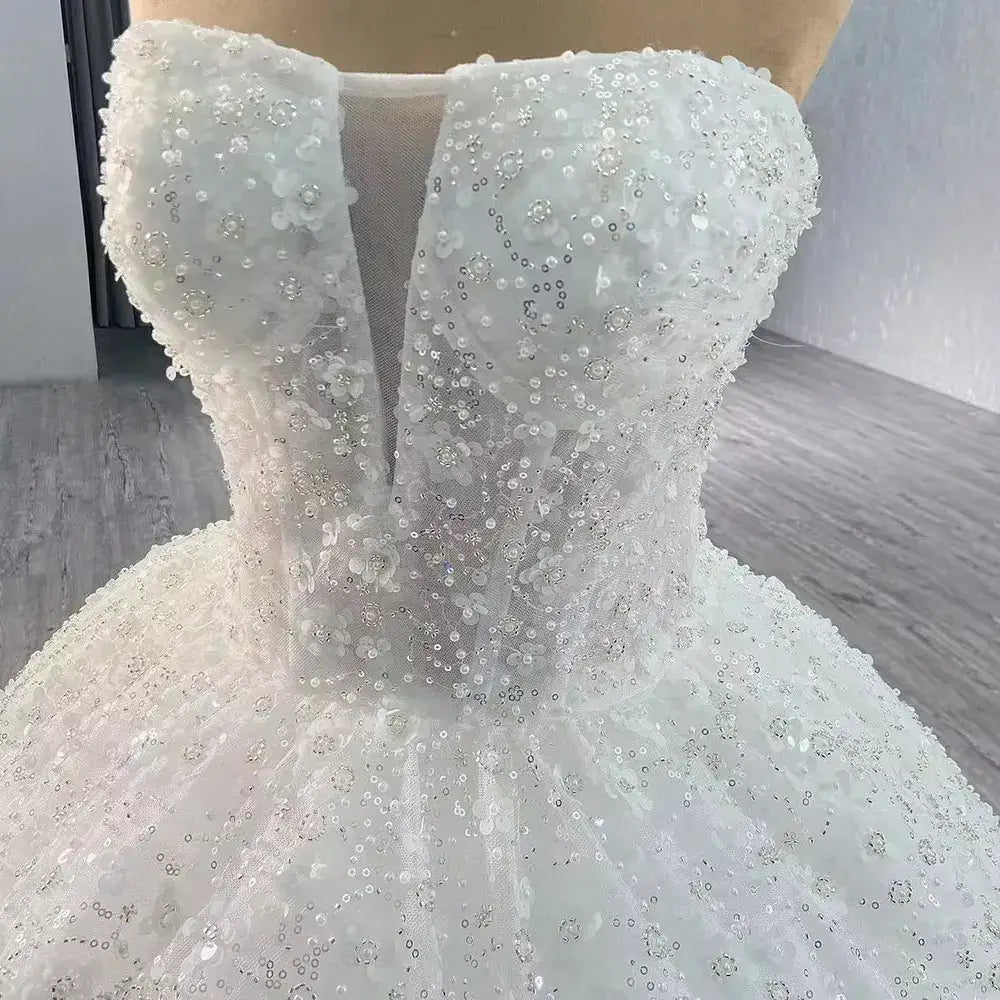 Ball Gown Sleeveless Sequined Wedding Dresses with Beaded Pearls Flowers