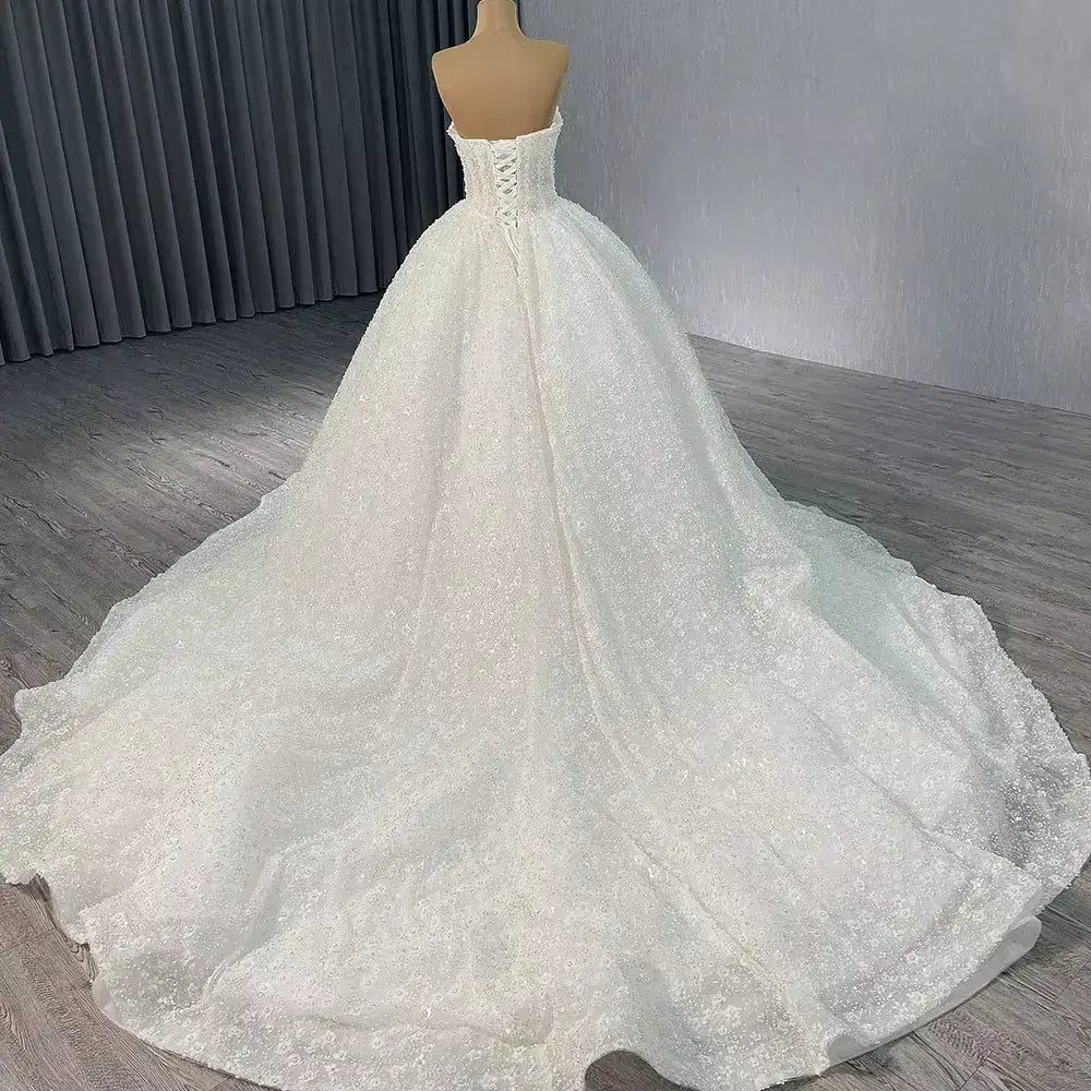 Ball Gown Sleeveless Sequined Wedding Dresses with Beaded Pearls Flowers