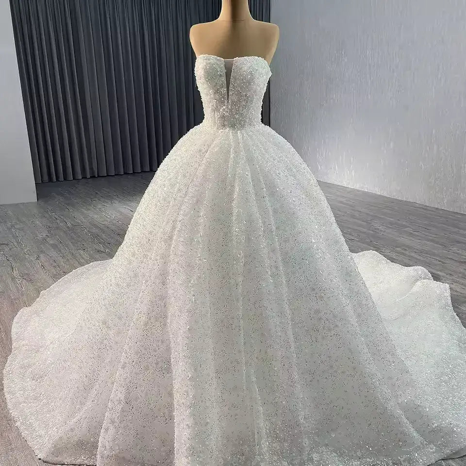 Ball Gown Sleeveless Sequined Wedding Dresses with Beaded Pearls Flowers