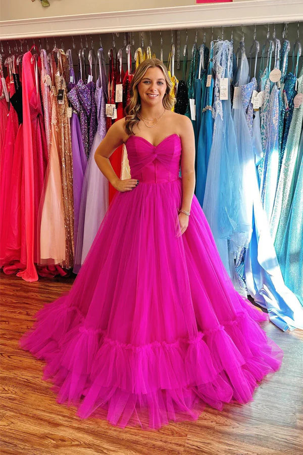 Ball Gown Strapless Tulle Hot Pink Prom Dress with Ruffles