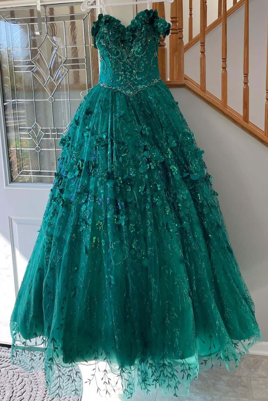 Ball Gown Sweetheart Teal Quinceanera Dress 3D floral Appliqués Beaded