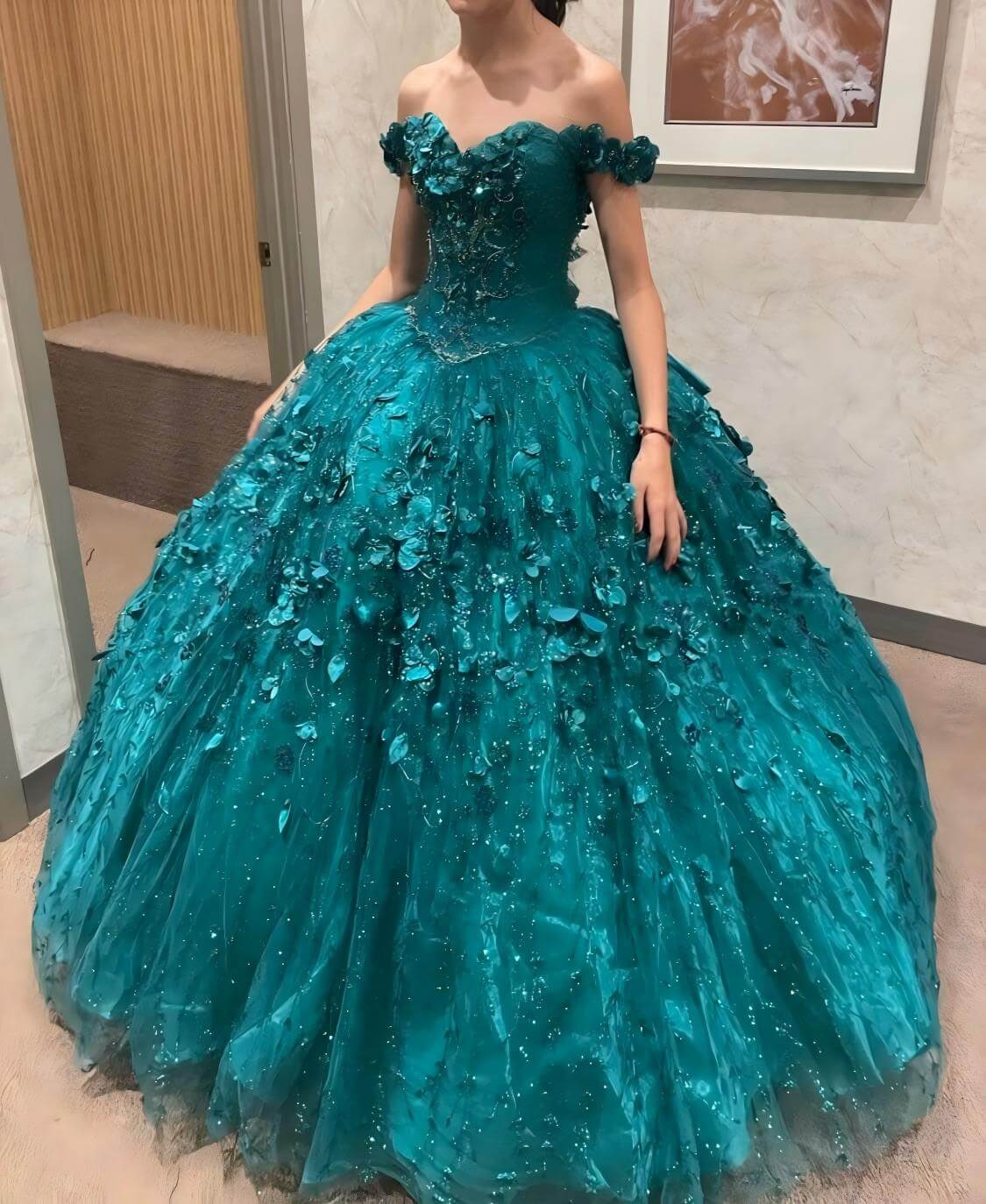 Ball Gown Sweetheart Teal Quinceanera Dress 3D floral Appliqués Beaded